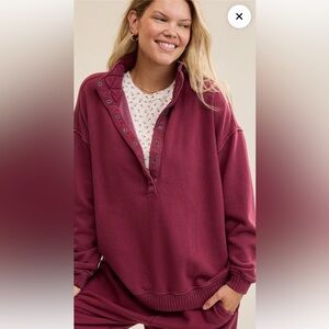Aerie oh snap quarter snap sweatshirt fleece dark cherry NWOT